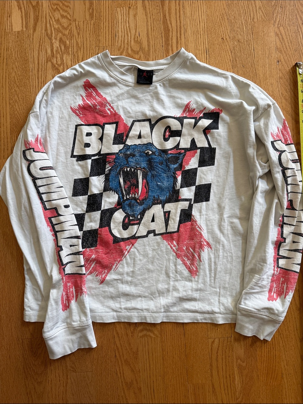 Jordan White Long Sleeve "Black Cat" Graphic Tee with Blue & Pink Accents